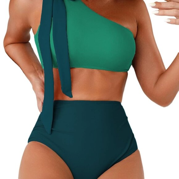 Women's One Shoulder Bikini Set 2 Piece Ruched Swimsuit for Water Activities - Picture 1 of 5